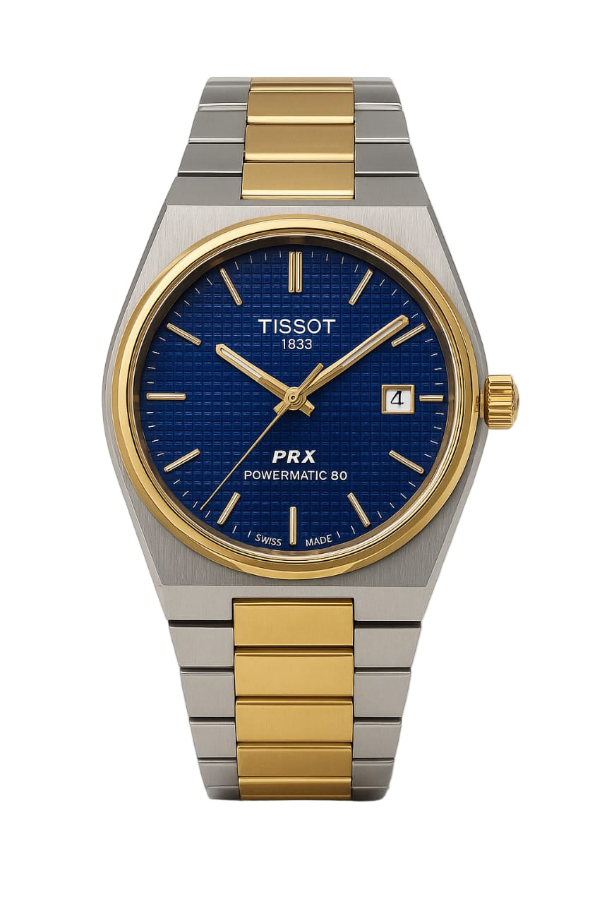 Tissot watch with two-tone metal strap on a white background