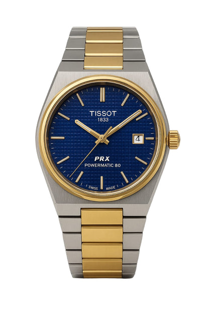 Tissot watch with two-tone metal strap on a white background