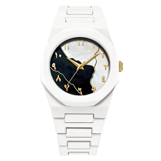 White watch with black face and gold accents on a white background, branded 'Gift Amaze'.